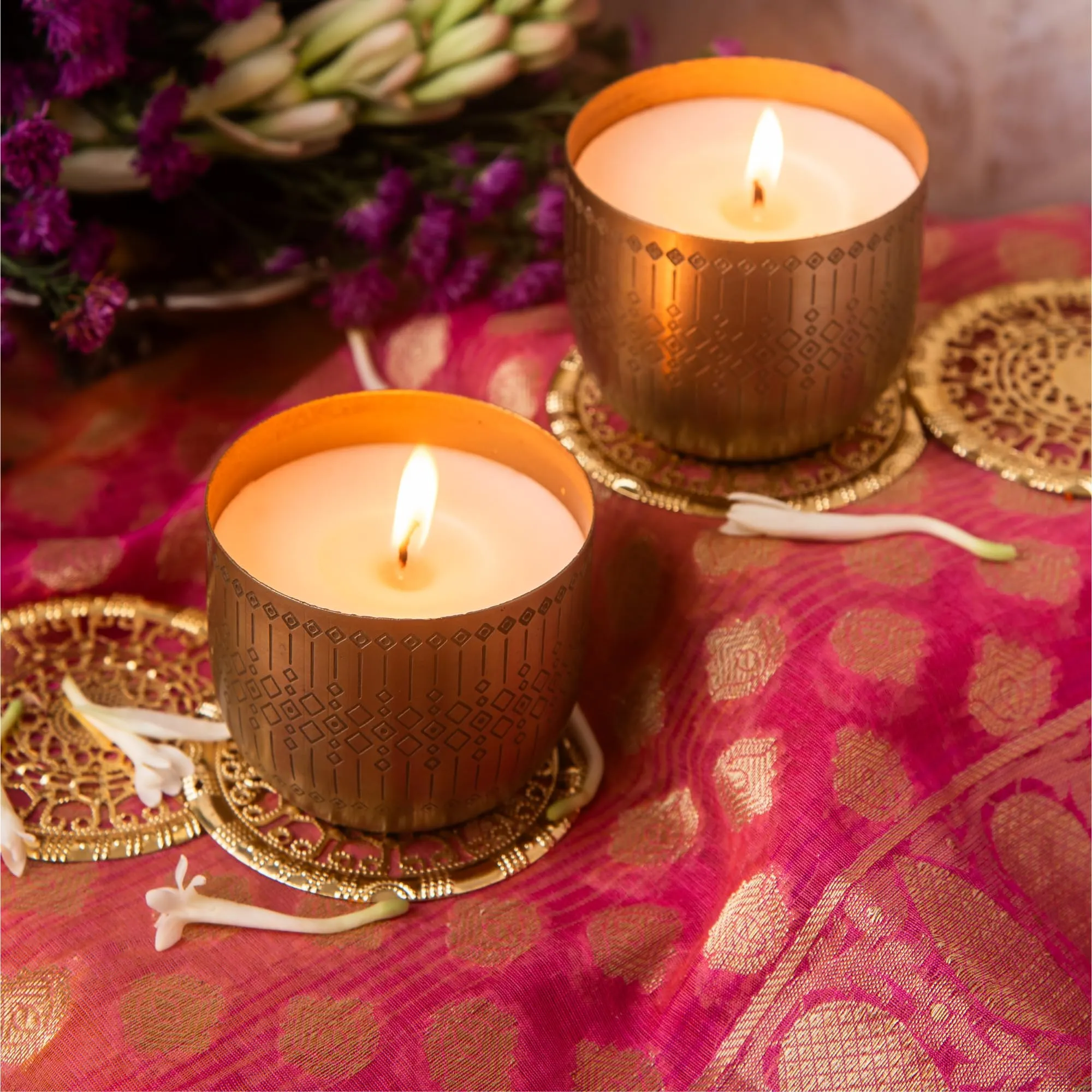 PRADECOR Lemon Lavender Scented Candles for Home Decor and Festival Gifting - Bedroom, Living Room, Bathroom Decoration - Valentines Day Gift - Soy Wax - Brass Jar - Set of 1
